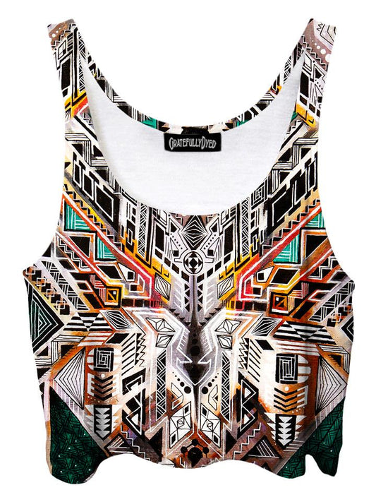 Trippy front view of GratefullyDyed Apparel white, teal & orange tribal sacred geometry crop top.