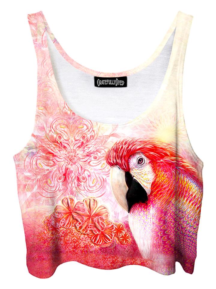 Trippy front view of GratefullyDyed Apparel pink, white & black parrot flower fractal crop top.