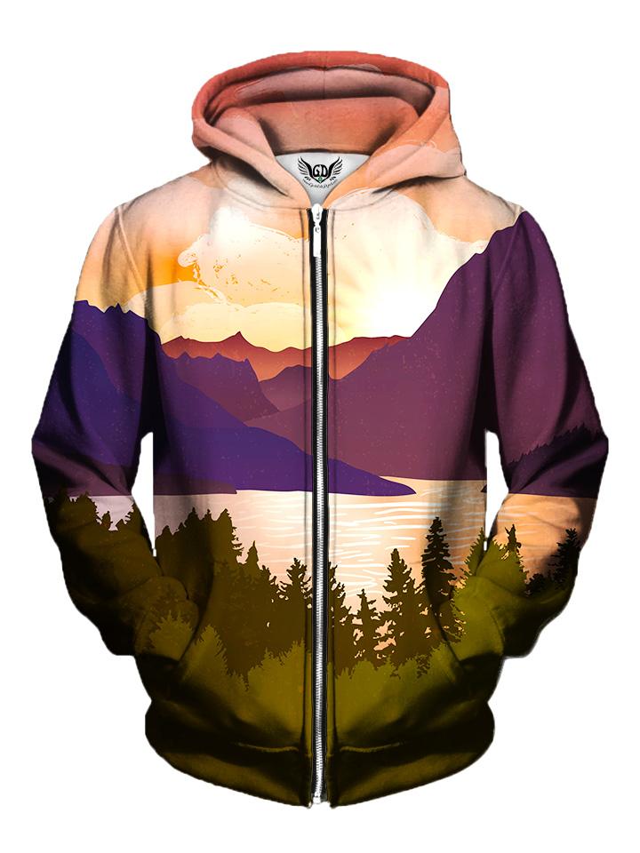 Men's pink, purple & green forest mountain zip-up hoodie front view.