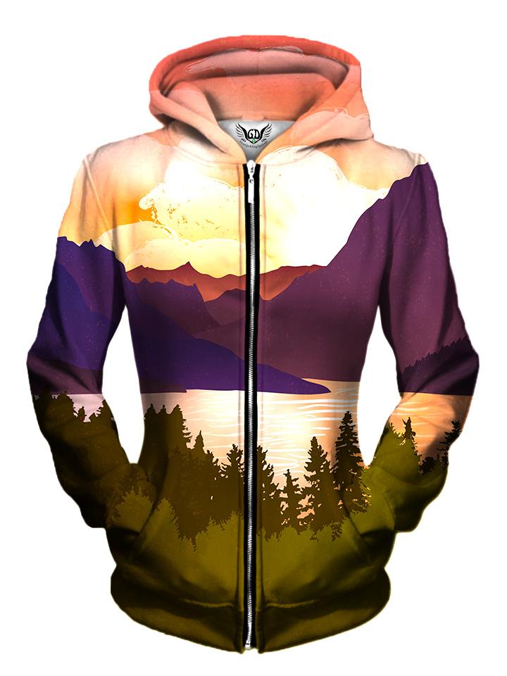 Front view of women's all over print nature zip up hoody by Gratefully Dyed Apparel.