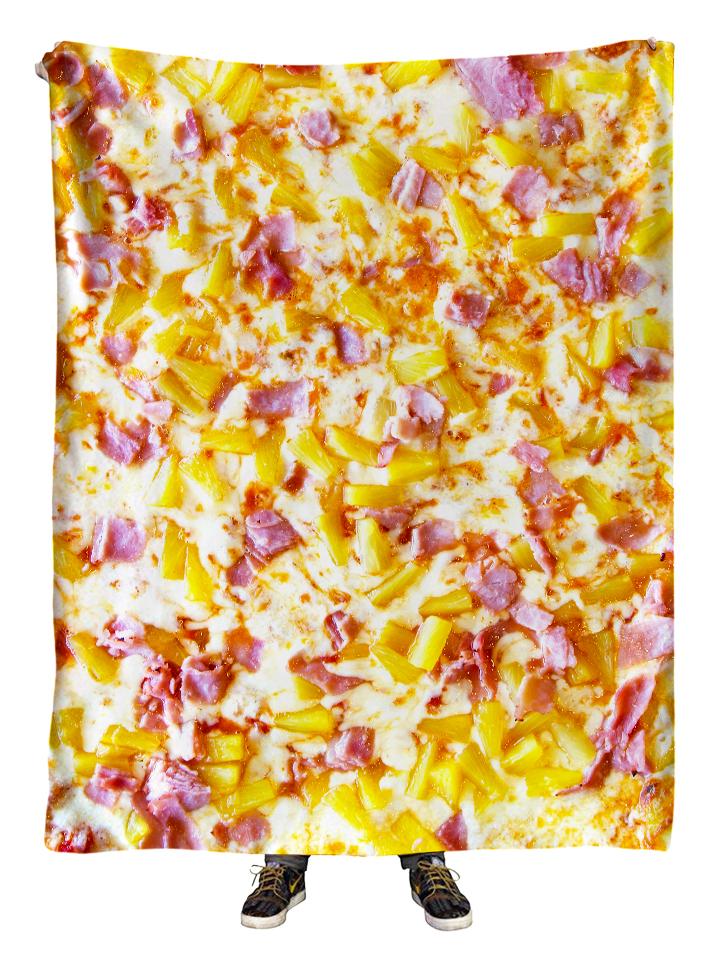 Hanging view of all over print pineapple pizza blanket by GratefullyDyed Apparel.
