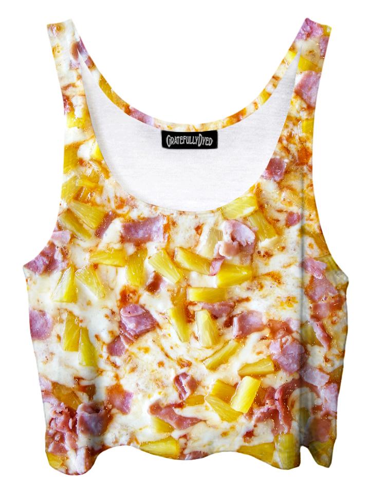 Trippy front view of GratefullyDyed Apparel pineapple pizza crop top.