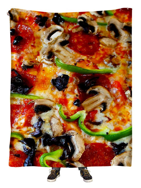 Hanging view of all over print supreme pizza blanket by GratefullyDyed Apparel.