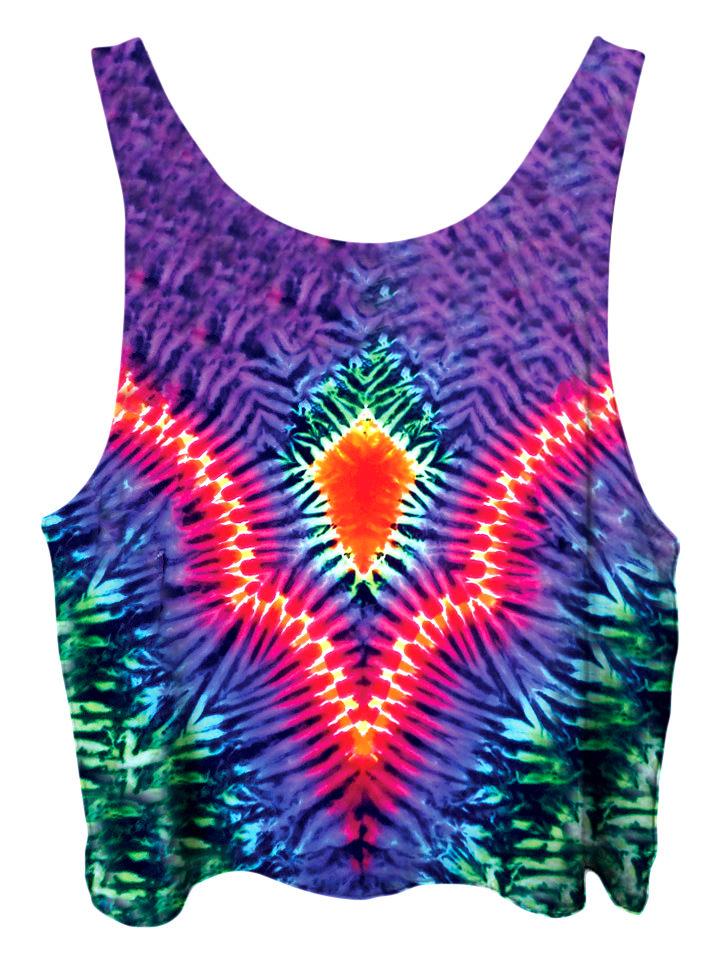 All over print psychedelic tie dye cropped top by Gratefully Dyed Apparel back view.