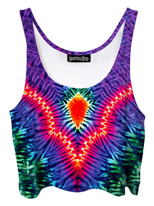 Trippy front view of GratefullyDyed Apparel rainbow tie-dye crop top.