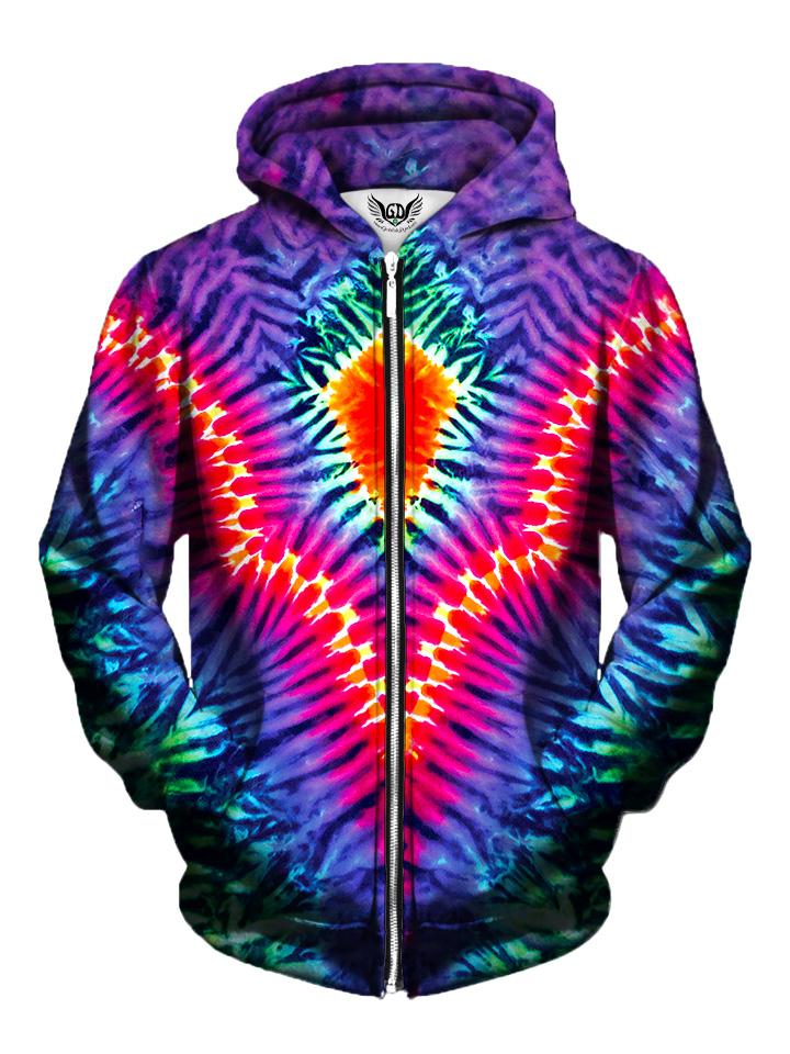 Men's rainbow tie-dye zip-up hoodie front view.