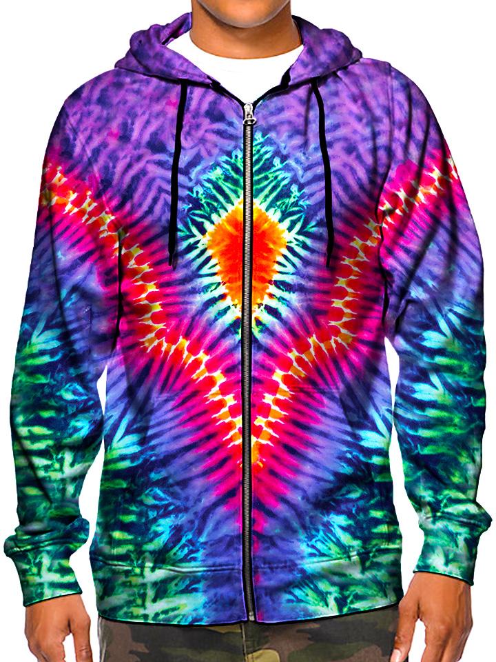 Model wearing GratefullyDyed Apparel psychedelic rainbow tie die zip up hoodie.