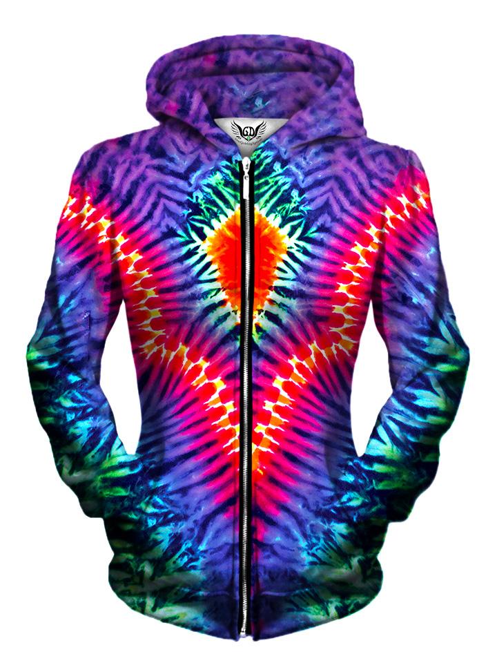 Front view of women's all over print tie dye zip up hoody by Gratefully Dyed Apparel.
