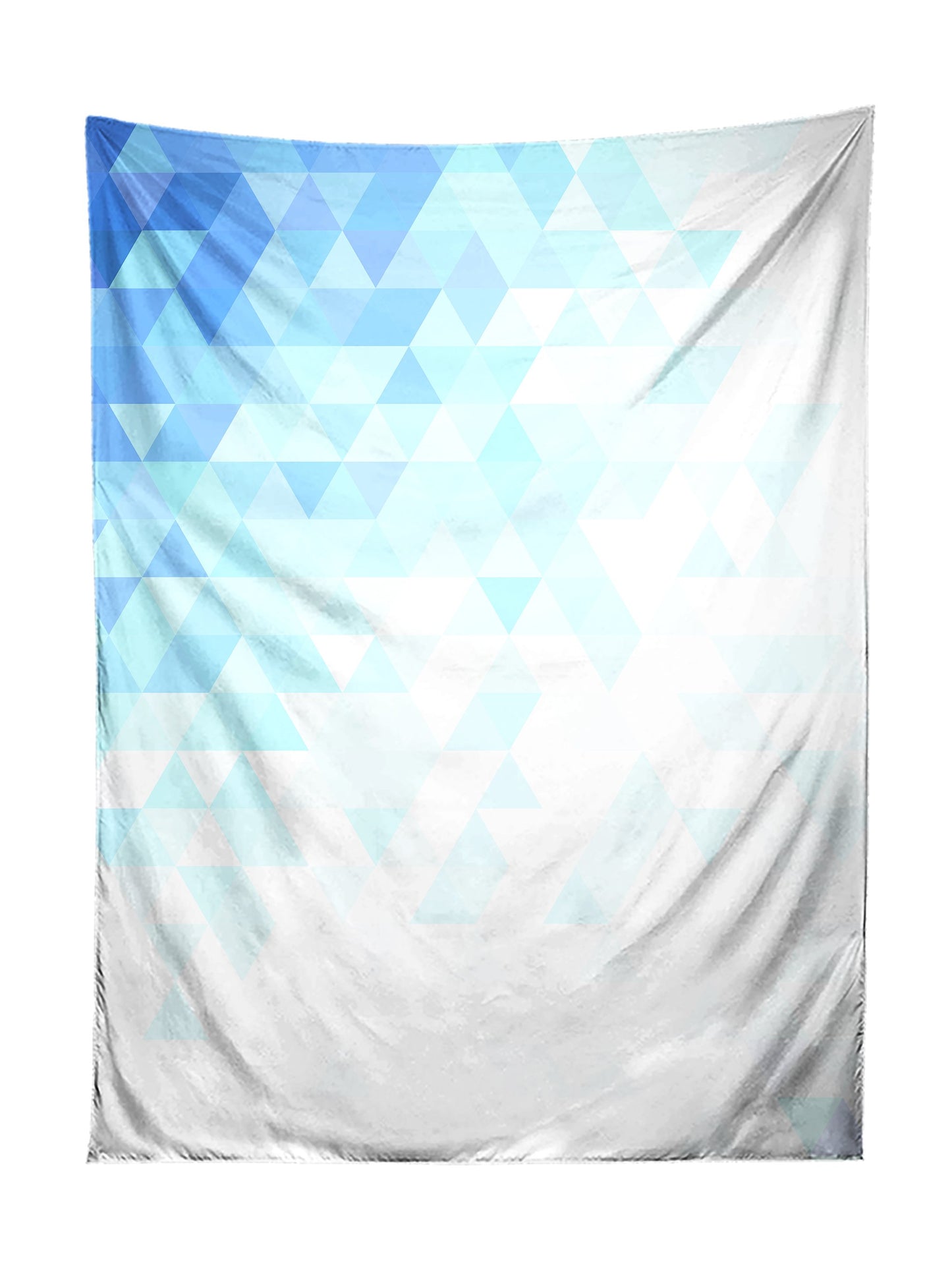 Vertical hanging view of all over print blue & white polygon pattern tapestry by GratefullyDyed Apparel.