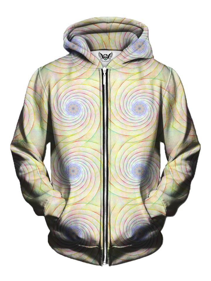 Men's pastel rainbow spiral fractal zip-up hoodie front view.