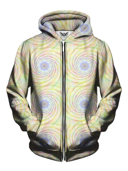 Men's pastel rainbow spiral fractal zip-up hoodie front view.