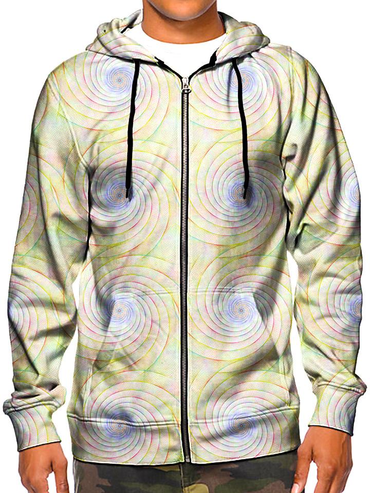 Model wearing GratefullyDyed Apparel psychedelic pastel spiral fractal hoodie.