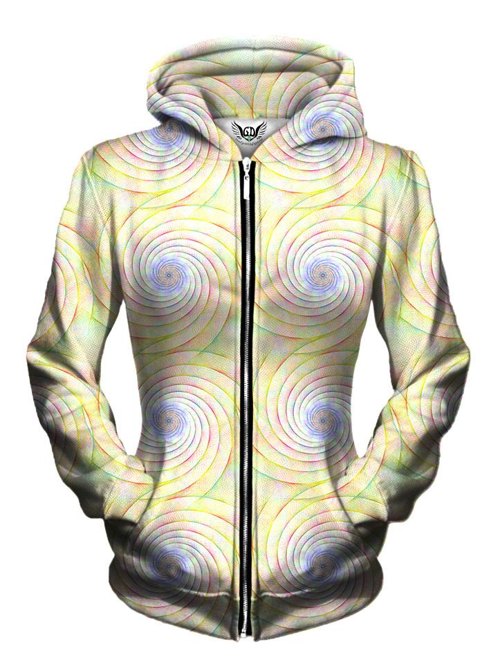 Front view of women's all over print sacred geometry zip up hoody by Gratefully Dyed Apparel.
