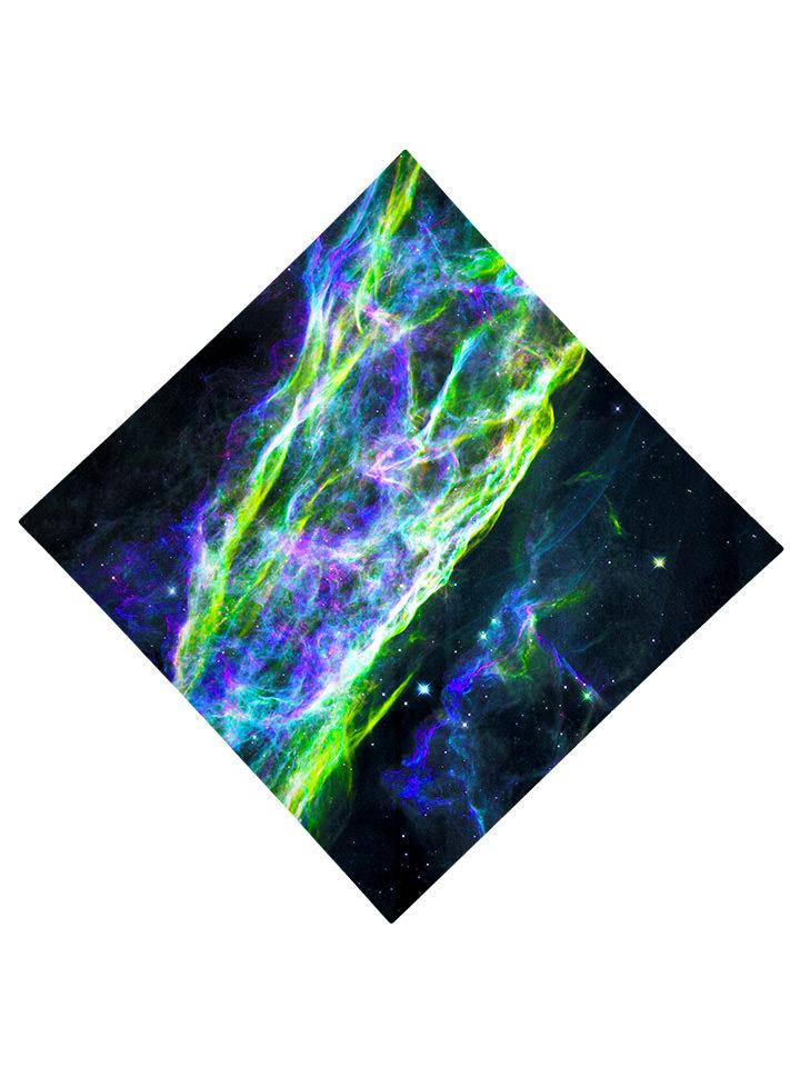 Green and blue splatter on black bandana flat view