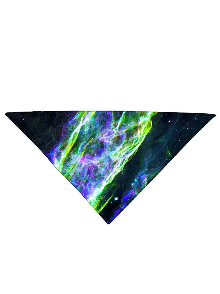 Green and blue splatter on black bandana folded