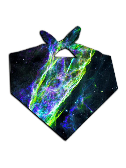 Green and blue splatter on black bandana tied