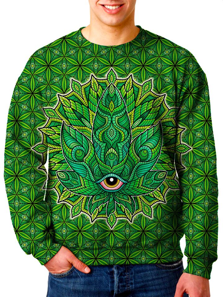 Model In Psychedelic Green Leaf Crew Neck Sweater Front View