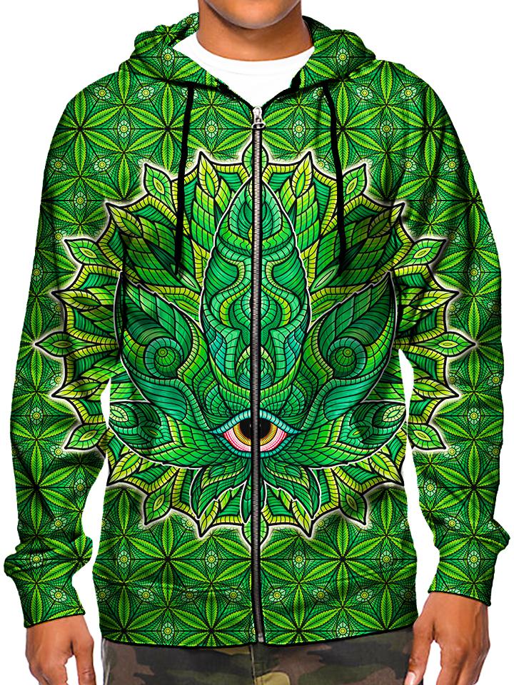 Model in green stoner leaf zip up hoodie all over print front view