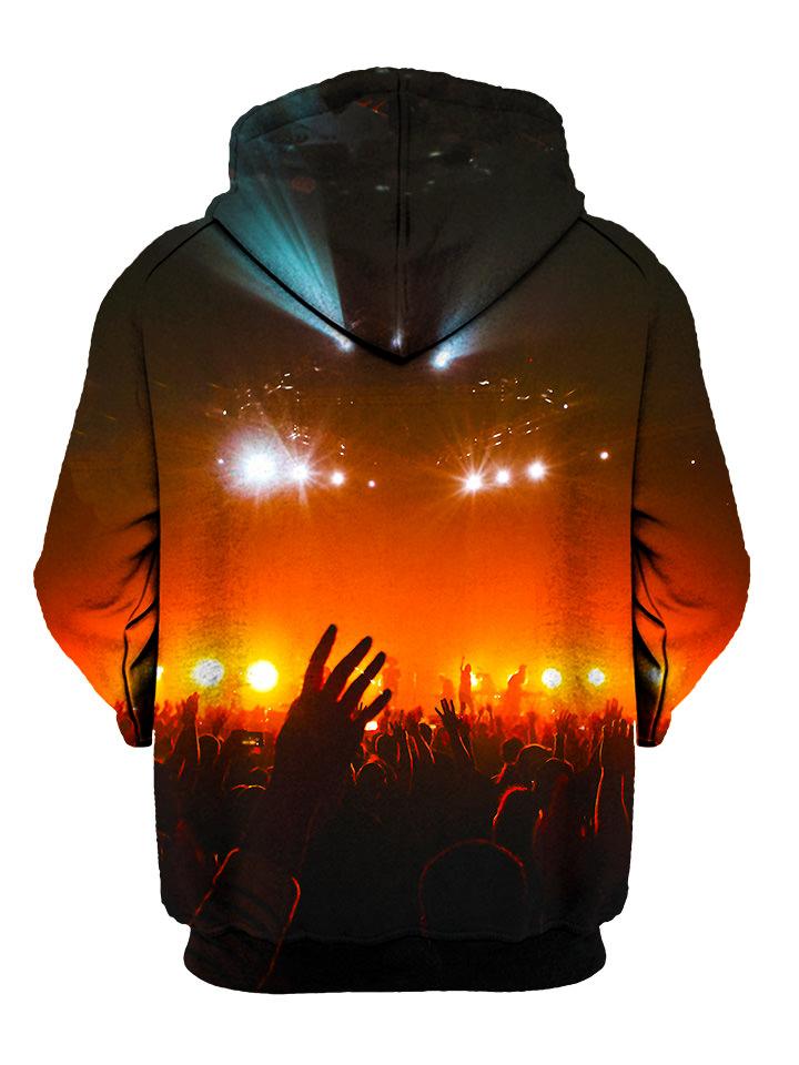 Crowd silhouette in red concert lights all over print pullover hoodie back view