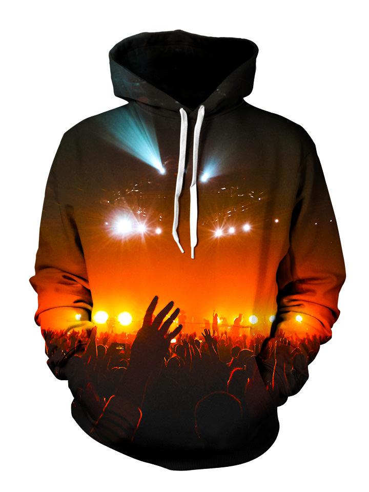 Crowd silhouette in red concert lights all over print pullover hoodie with white strings 