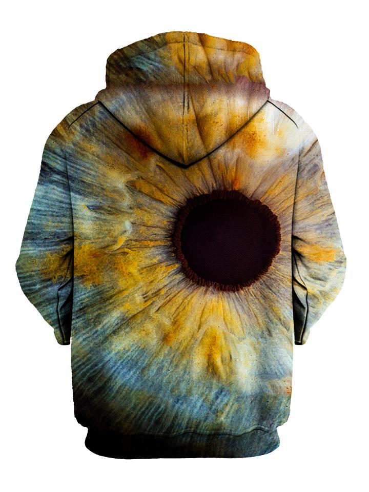 Up close iris all over print pullover hoodie back view