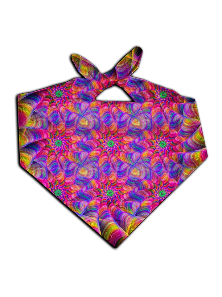 Psychedelic kaleidoscope pink and purple all over print bandana tied