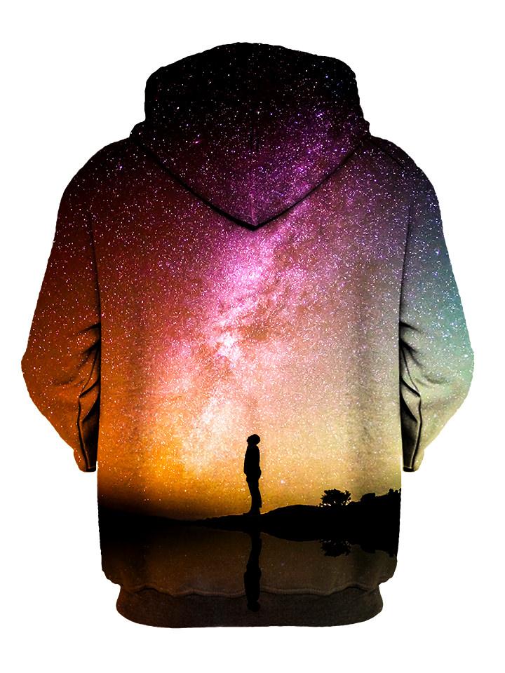 Person Staring Into Galaxy Pullover Hoodie Back View