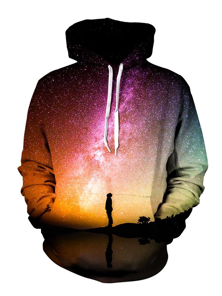 Person Staring Into Galaxy Pullover Hoodie Front View