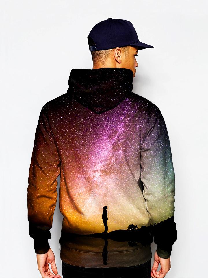 Person Staring Into Galaxy Pullover Hoodie Model Back View