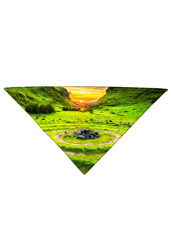 Sun setting behind green hills all over print bandana folded