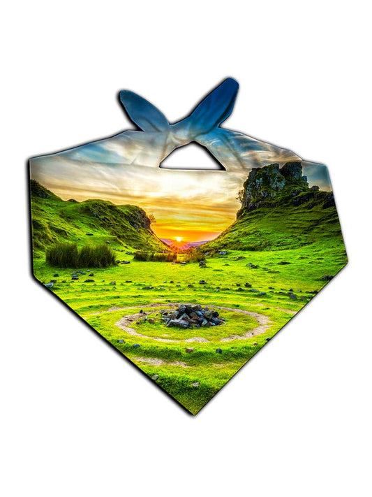 Sun setting behind green hills all over print bandana