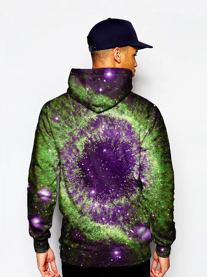 Model In Trippy Green And Purple Space Pullover Hoodie Back View
