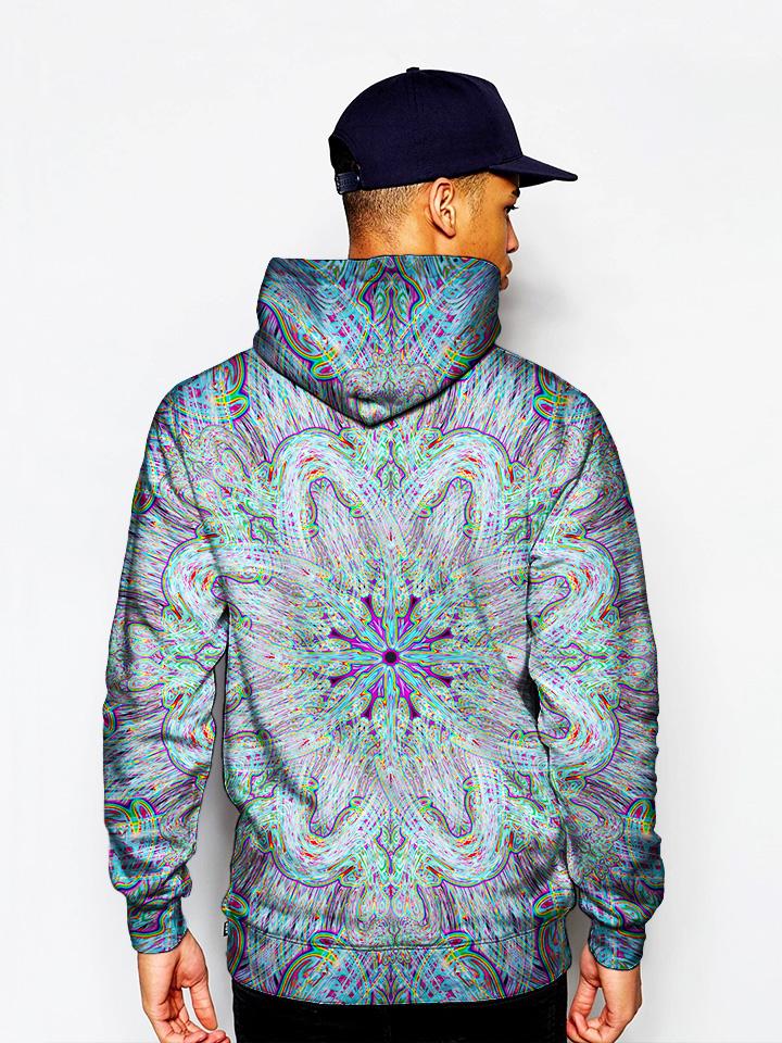 Model In Trippy Purple And Green Pullover Hoodie Back View