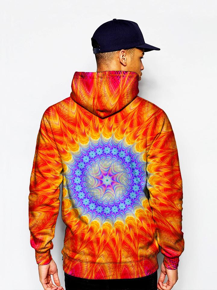 Model In Bright Red And Purple Trippy Pullover Hoodie Back View