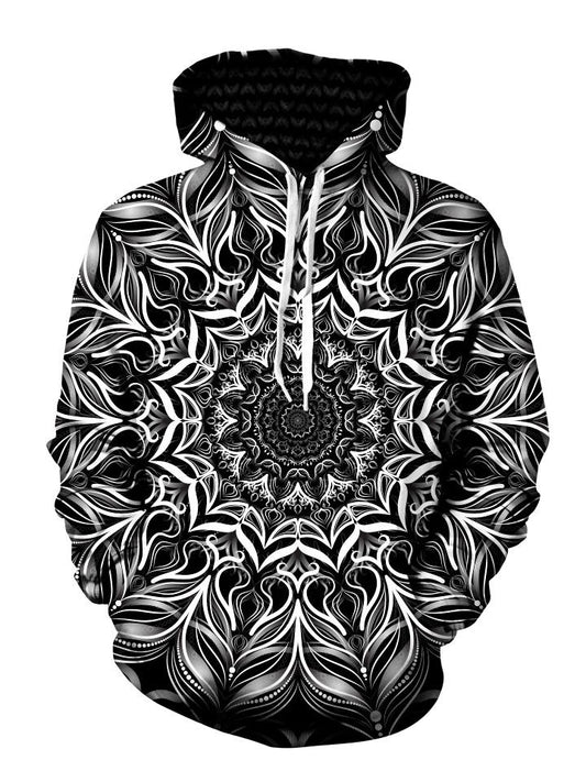 Black And White Trippy Mandala Pullover Hoodie Front View