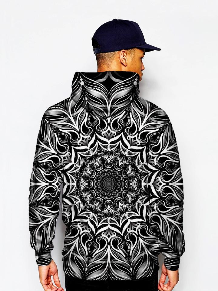 Model In Black And White Trippy Mandala Pullover Hoodie Back View