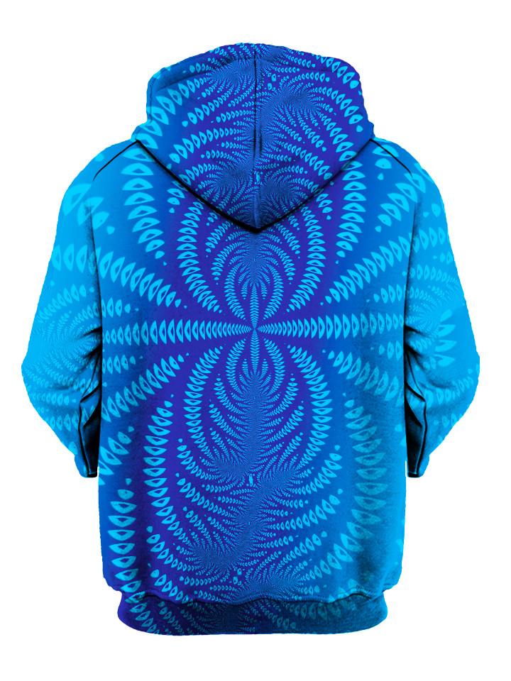 Trippy royal blue all over print, pullover hoodie back view