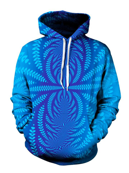 Trippy royal blue all over print, pullover hoodie front view
