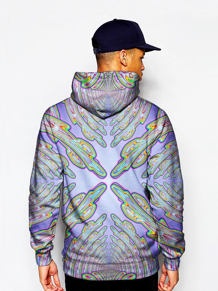 Model In Psychedelic Blue And Green Pullover Hoodie Back View