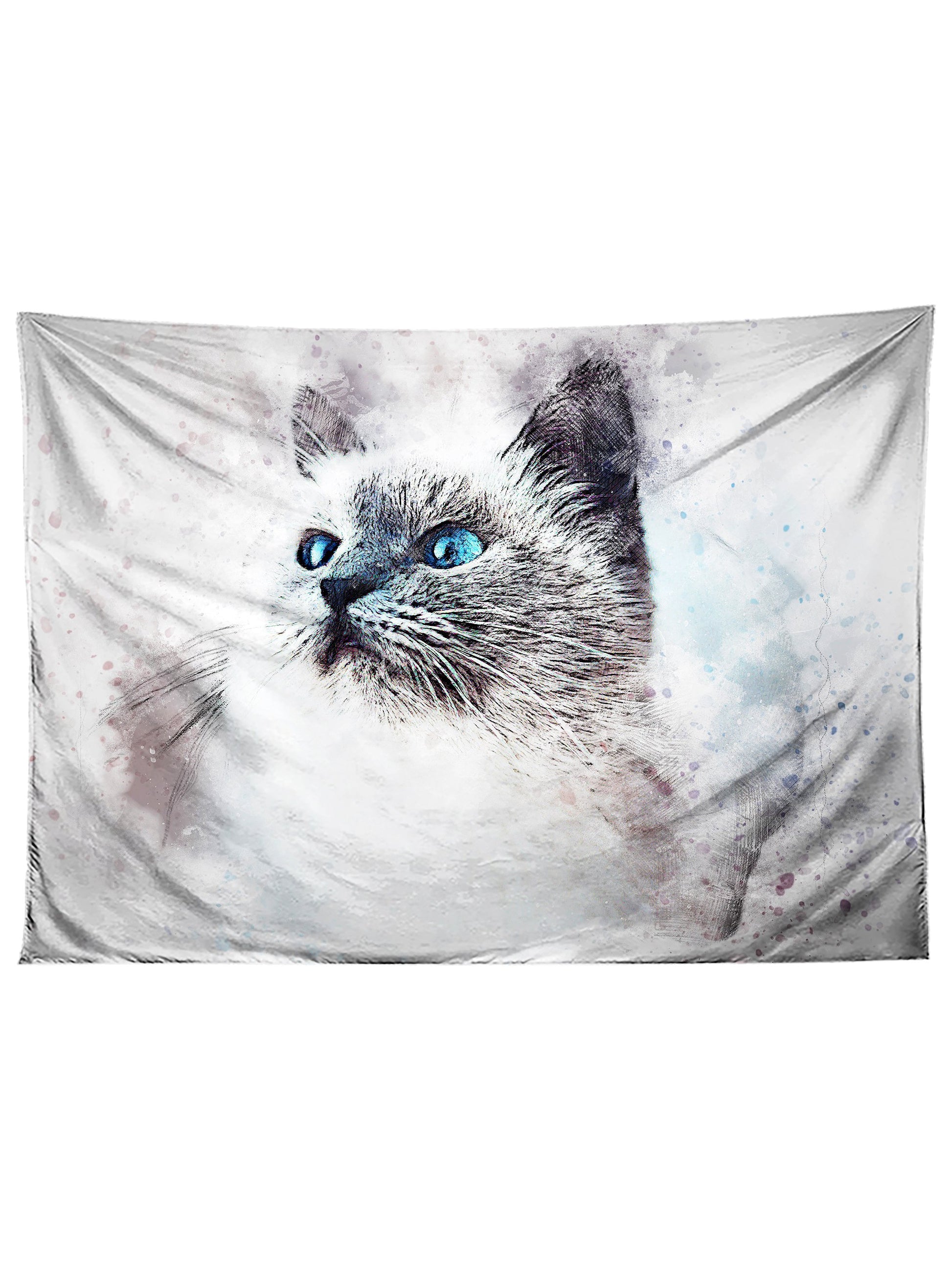 Horizontal hanging view of all over print blue eyed white cat tapestry by GratefullyDyed Apparel.
