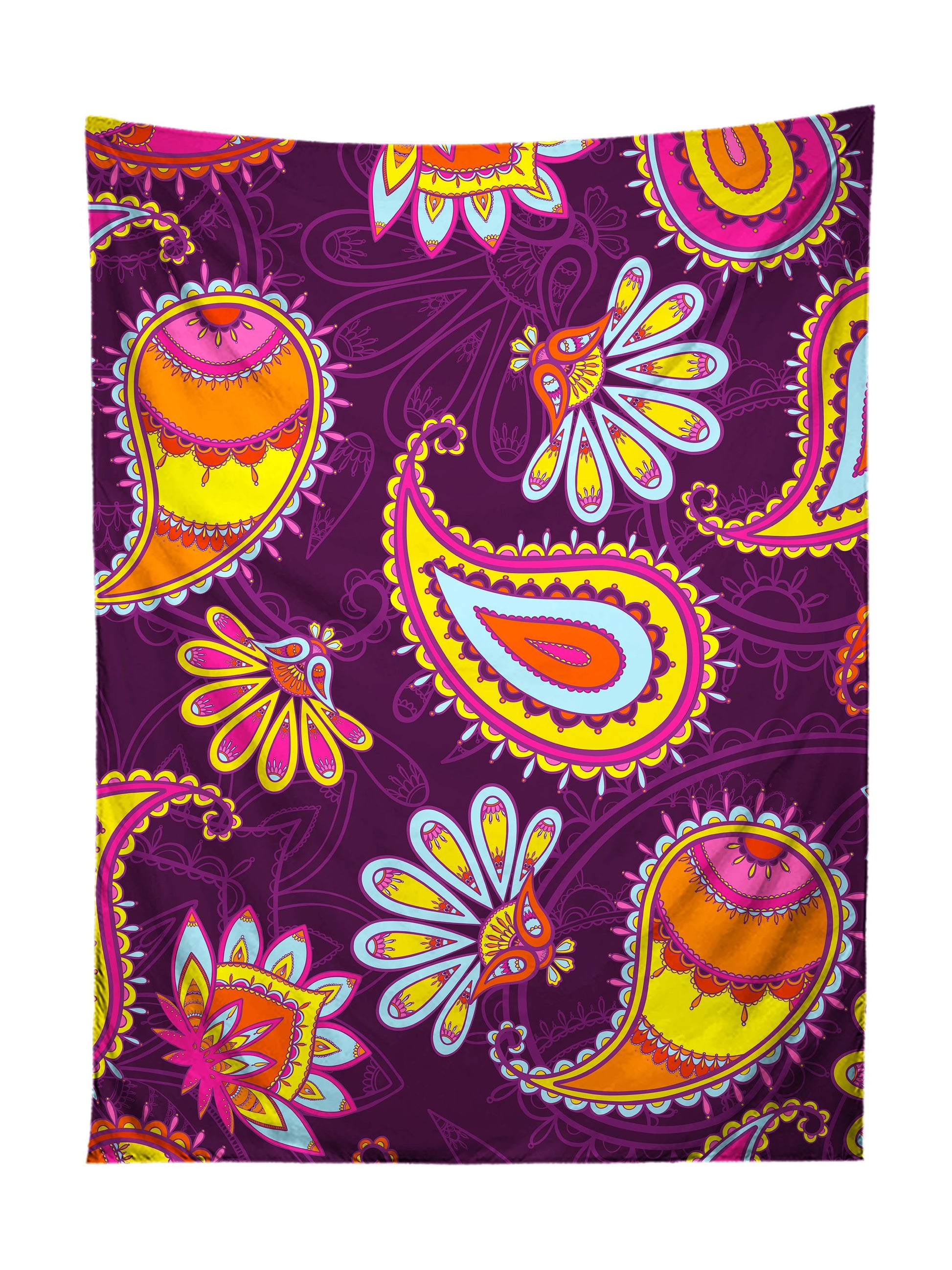 Vertical hanging view of all over print purple, red & yellow paisley tapestry by GratefullyDyed Apparel.