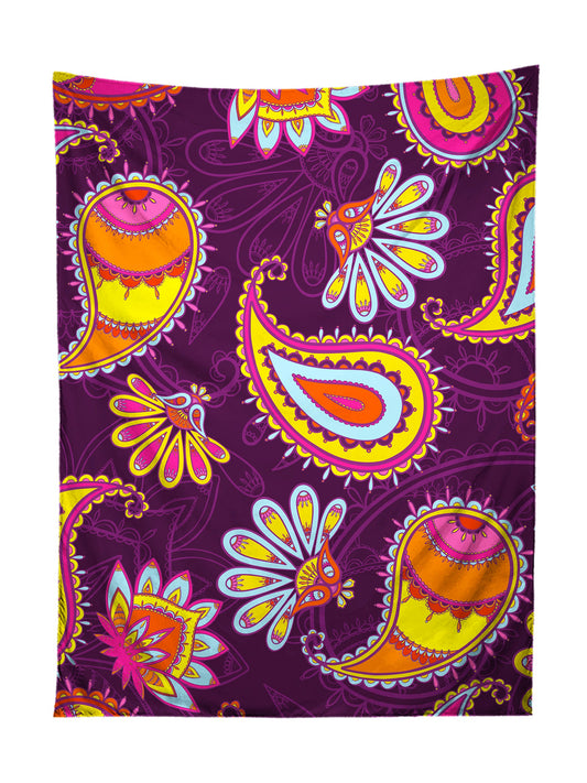 Vertical hanging view of all over print purple, red & yellow paisley tapestry by GratefullyDyed Apparel.