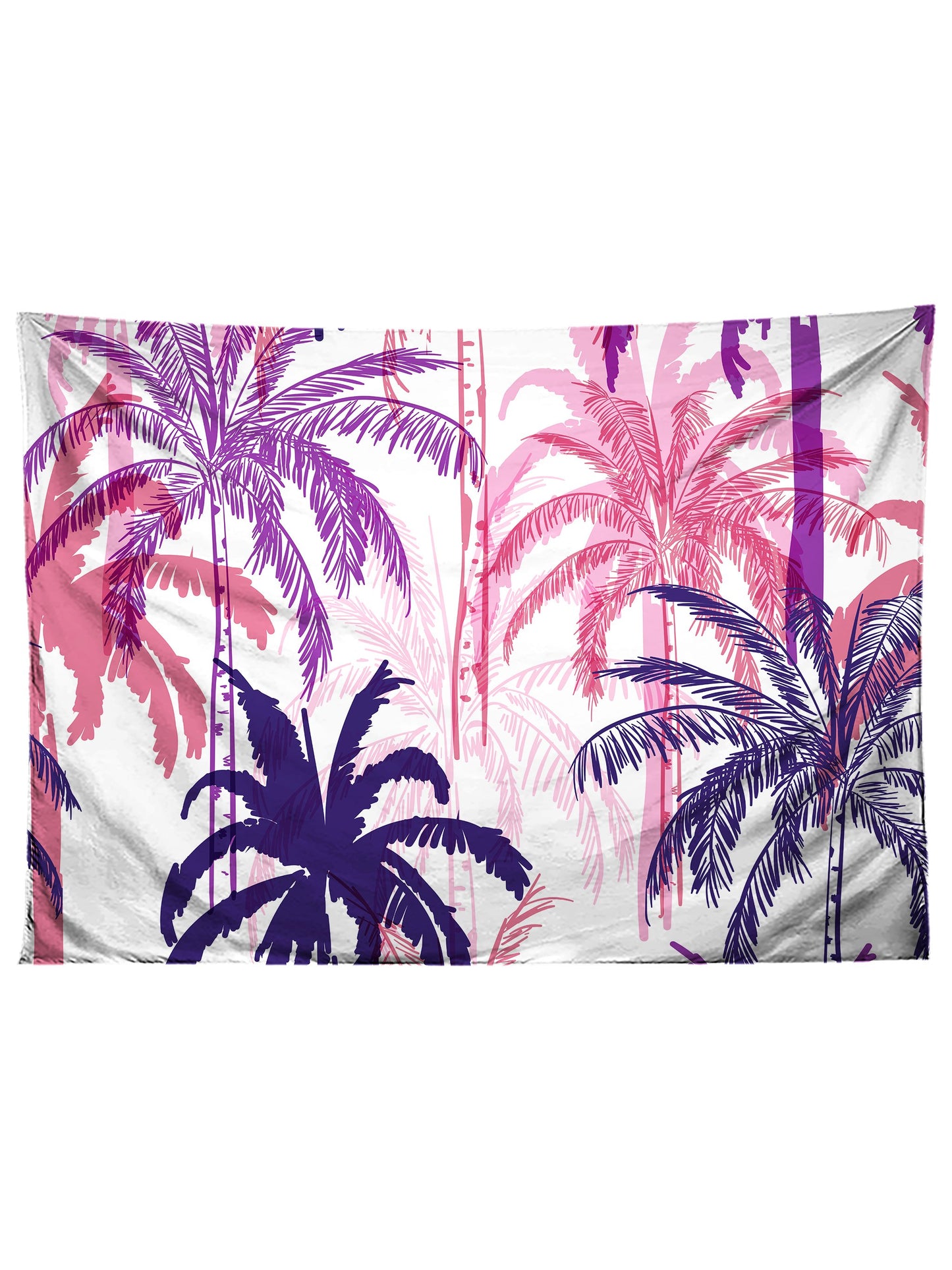 Horizontal hanging view of all over print purple, pink & white palm tree tapestry by GratefullyDyed Apparel.