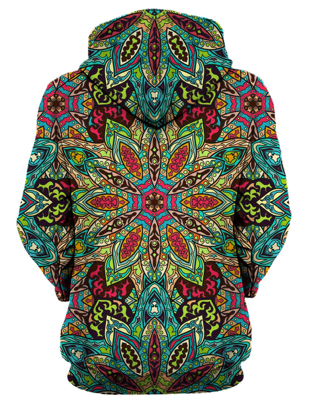 Rear of women's all over print rainbow flower mandala hoody. 