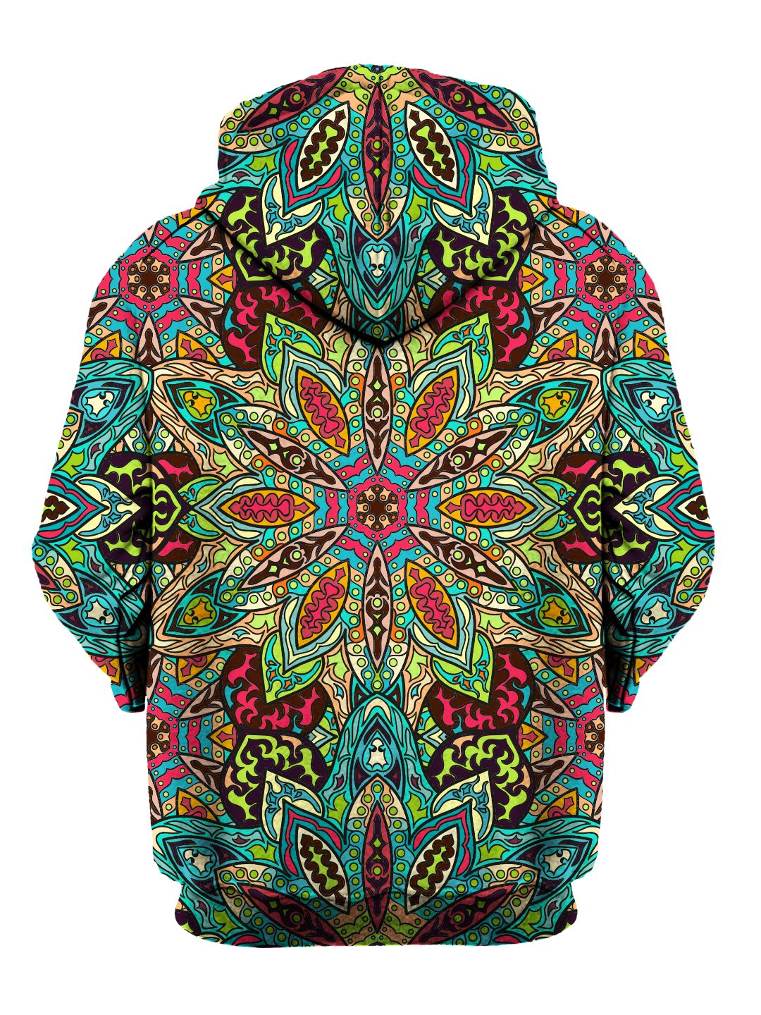 Back view of all over print psychedelic sacred geometry hoody by Gratefully Dyed Apparel. 