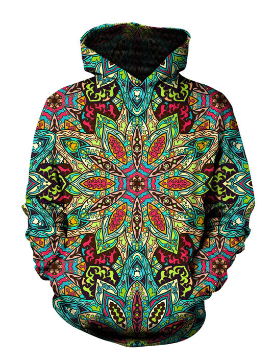Men's rainbow flower mandala pullover hoodie front view.