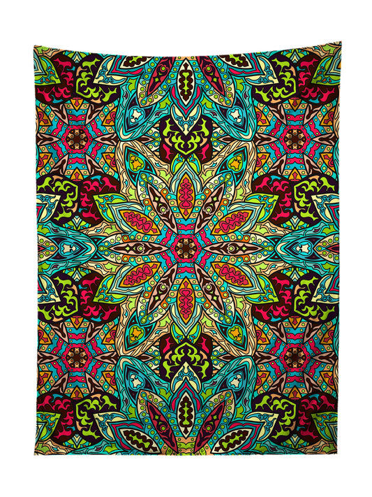 Vertical hanging view of all over print rainbow mandala tapestry by GratefullyDyed Apparel.