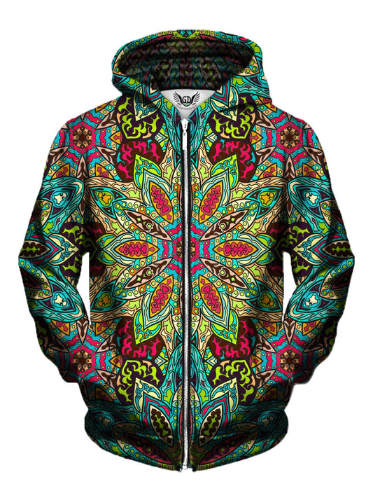 Men's rainbow flower mandala zip-up hoodie front view.