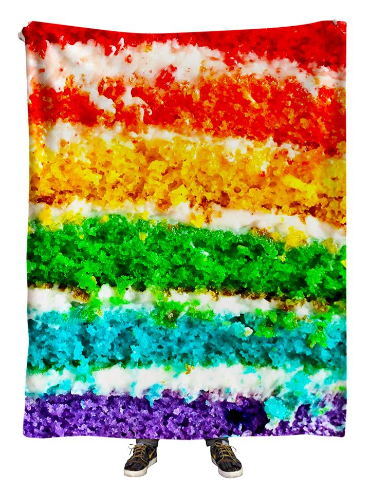 Hanging view of all over print rainbow cake blanket by GratefullyDyed Apparel.