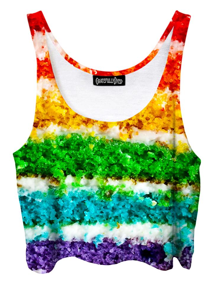Trippy front view of GratefullyDyed Apparel rainbow cake crop top.